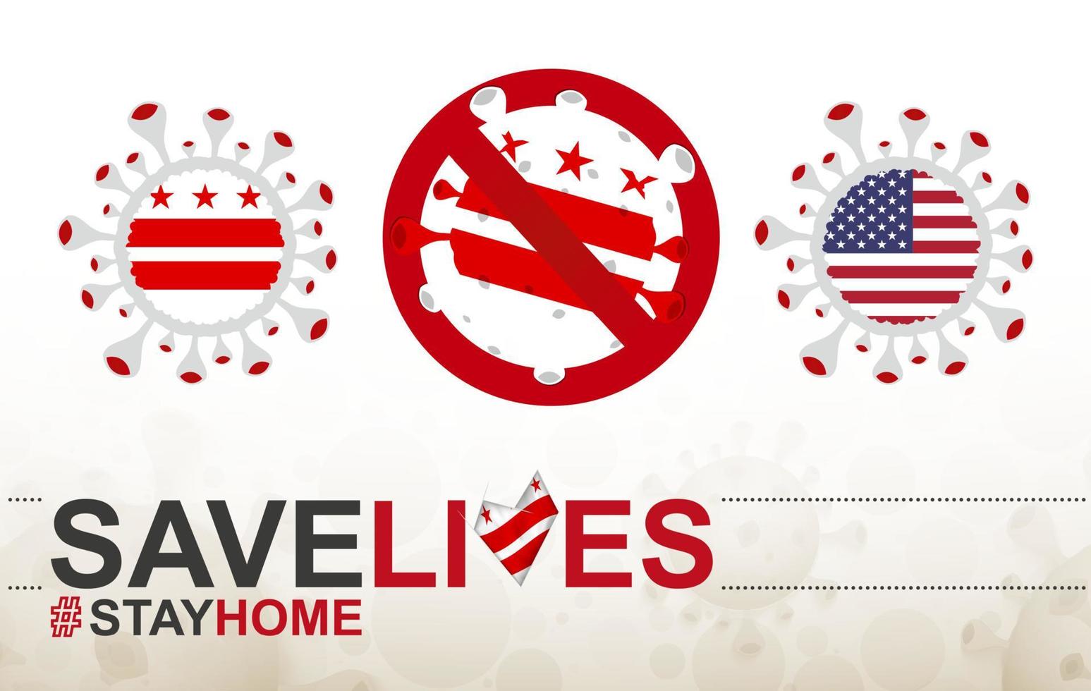 Coronavirus-Zelle mit Flagge des Distrikts Columbia. Stop-Covid-19-Schild, Slogan Save Lives Stay Home mit Flagge des District of Columbia vektor