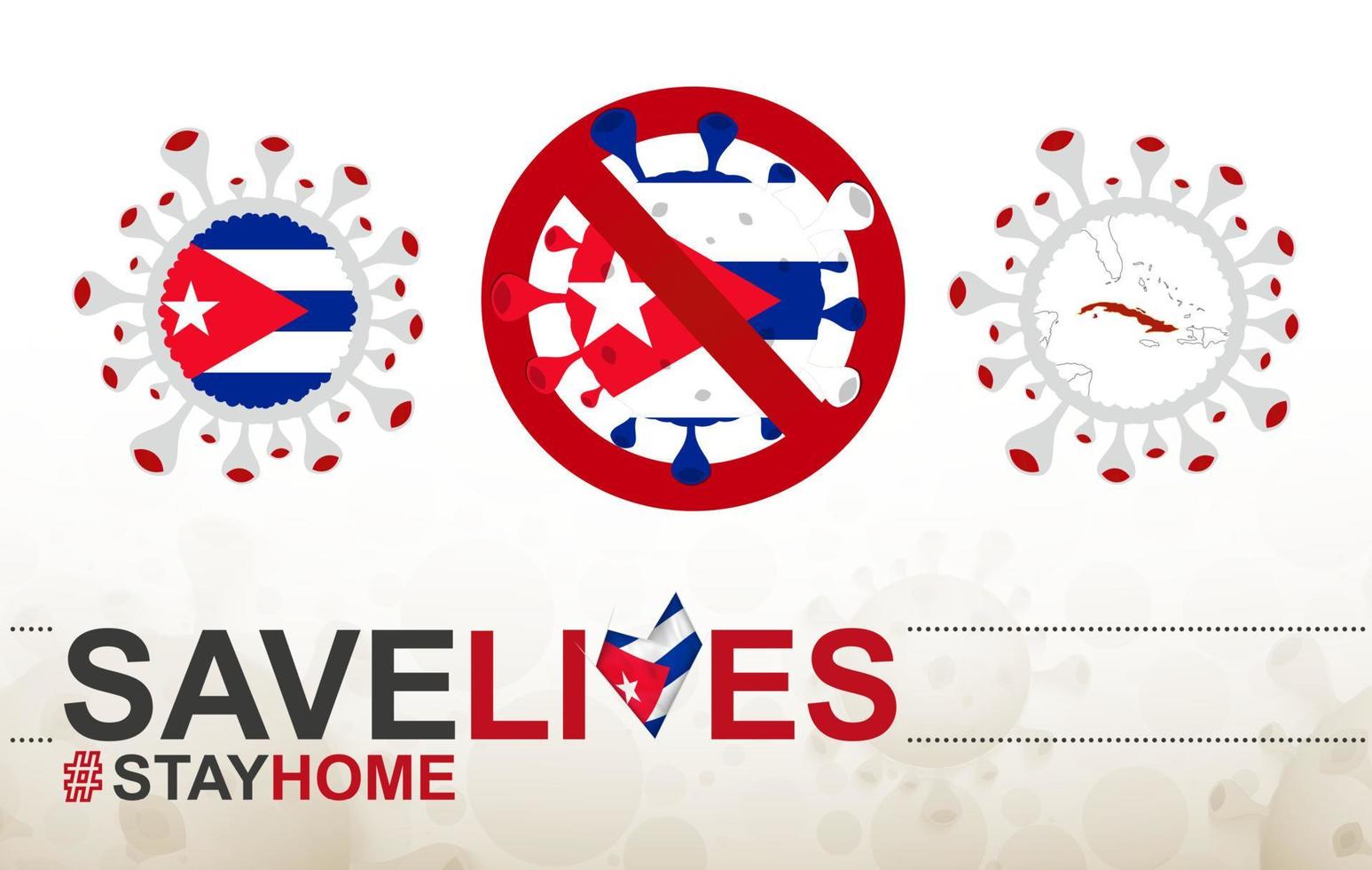 Coronavirus-Zelle mit Kuba-Flagge und Karte. Stop-Covid-19-Schild, Slogan Save Lives Stay Home mit Flagge Kubas vektor