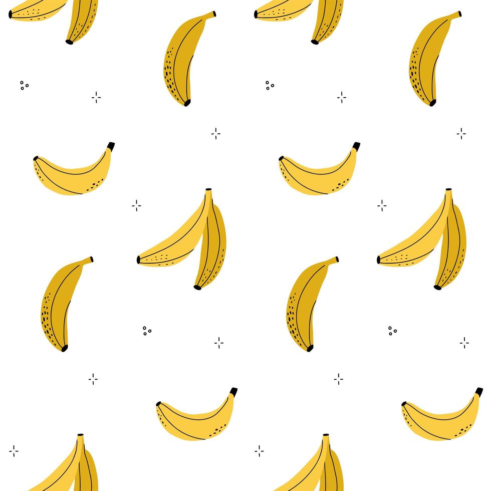 Nahtloses Muster aus gelben Bananen im Stil von Strichzeichnungen. abstrakter hintergrund der sommerfrucht mit gekritzelelementen. vektor handgezeichnete illustration.