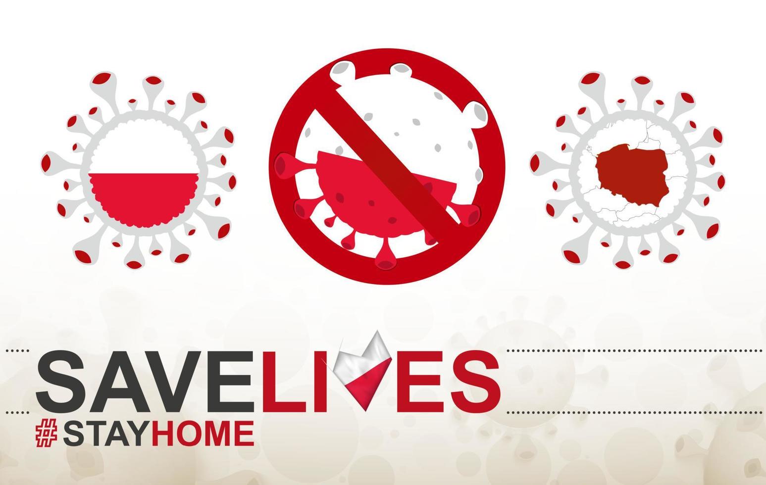 Coronavirus-Zelle mit polnischer Flagge und Karte. Stop-Covid-19-Schild, Slogan Save Lives Stay Home mit polnischer Flagge vektor