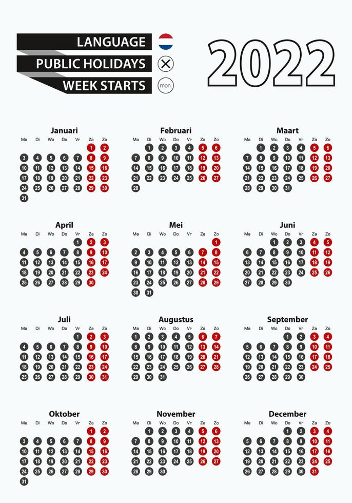 vektor mallkalender 2022 med nummer i cirklar, enkel holländsk kalender för år 2022.