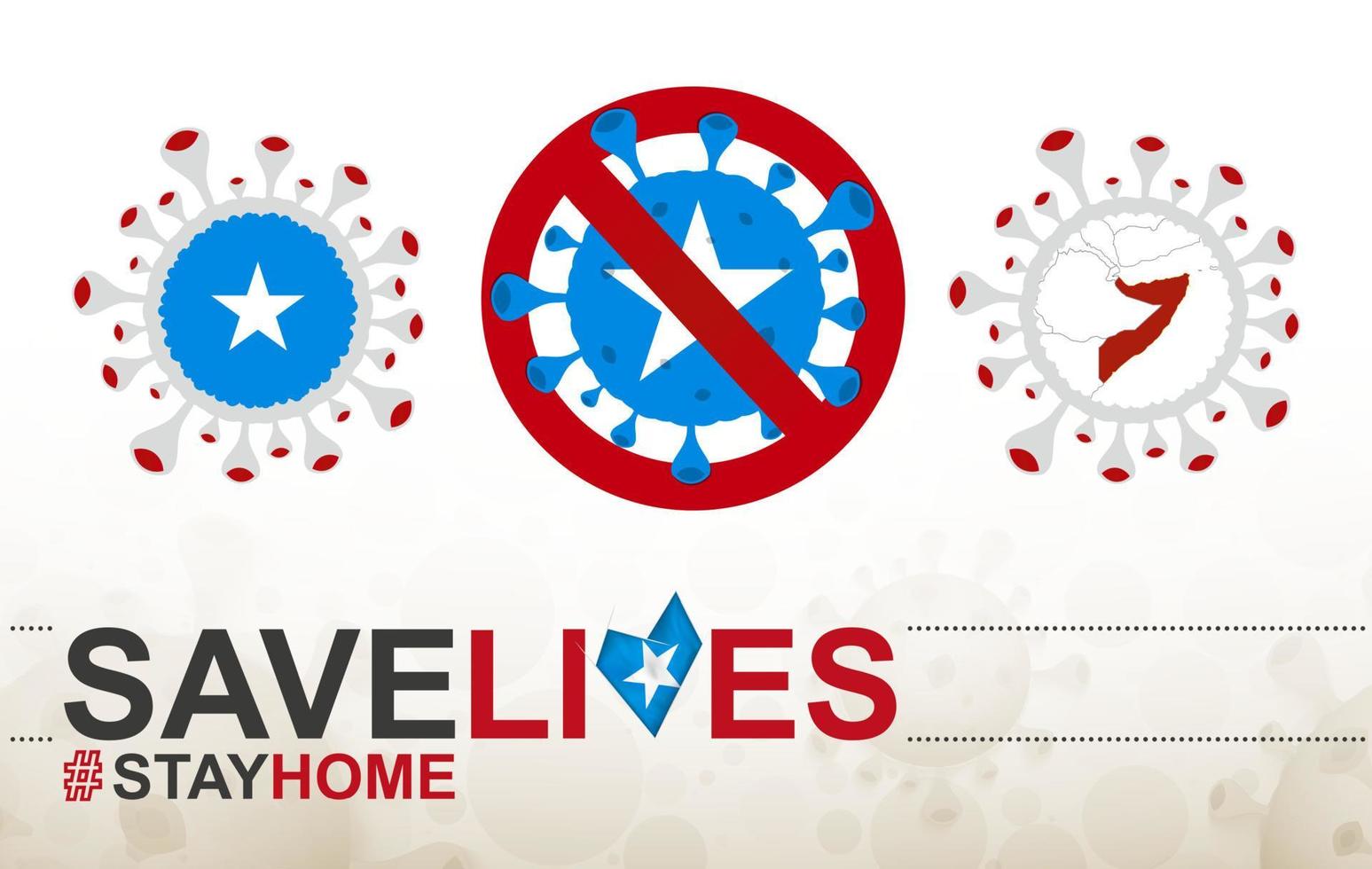 Coronavirus-Zelle mit Somalia-Flagge und Karte. Stop-Covid-19-Schild, Slogan Save Lives Stay Home mit Flagge Somalias vektor