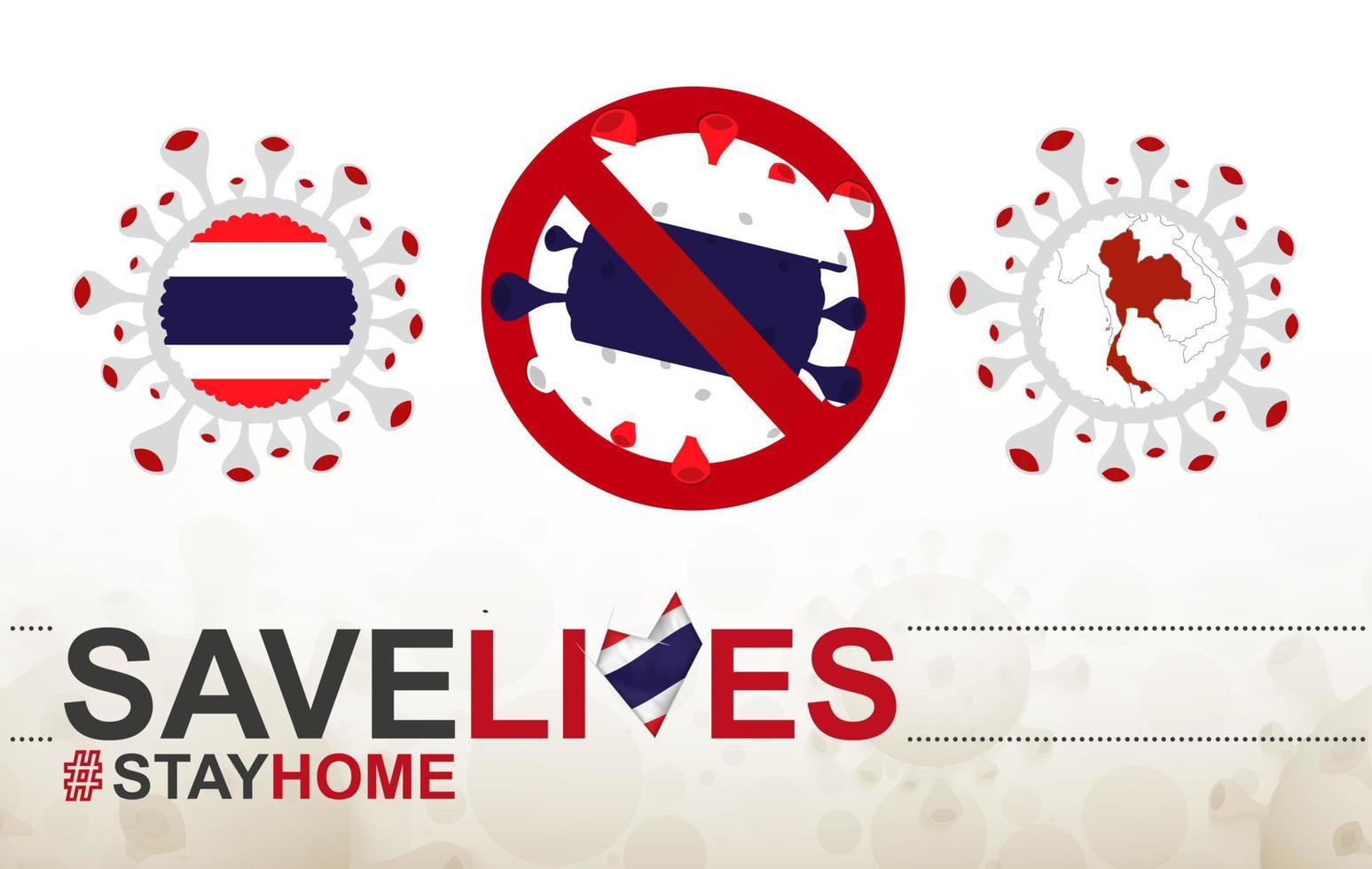 coronavirus cell med thailands flagga och karta. stoppa covid-19 skylt, slogan rädda liv stanna hemma med thailands flagga vektor