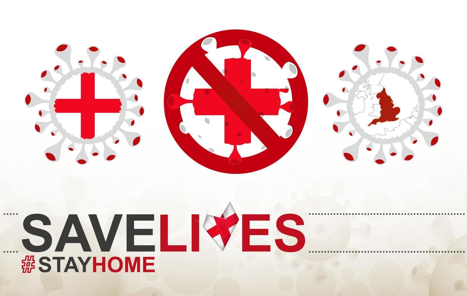 Coronavirus-Zelle mit englischer Flagge und Karte. Stop-Covid-19-Schild, Slogan Save Lives Stay Home mit Flagge Englands vektor