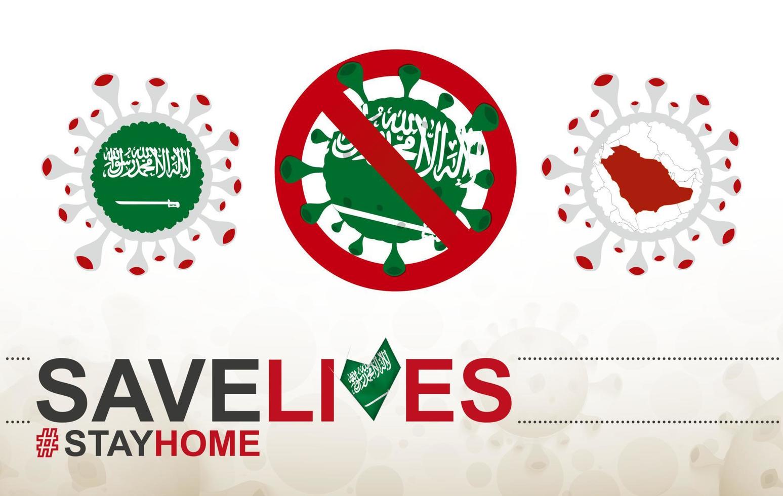 Coronavirus-Zelle mit saudi-arabischer Flagge und Karte. Stop-Covid-19-Schild, Slogan Save Lives Stay Home mit Flagge Saudi-Arabiens vektor