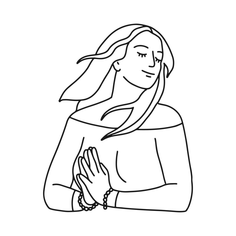 monolinie zeichnung einer glücklichen frau, die namaste-gestenhände hält. das Haar eines Mädchens flattert im Wind. lineare Vektordarstellung vektor