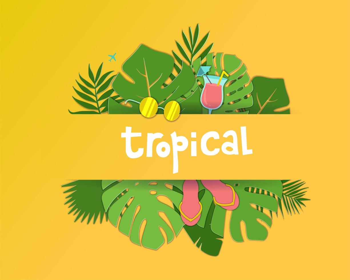 trendiga sommar tropiska palmblad, växter. papperssnitt stil. exotisk hawaiiansk sommartid med solglasögon, cocktail och flip flops. vacker gul blommig bakgrund. monstera palm vektorillustration vektor