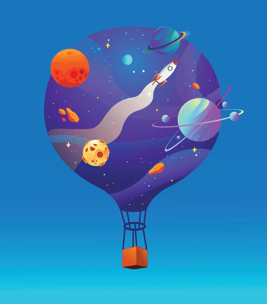 Heißluftballon mit Planeten- und Galaxienhintergrund vektor