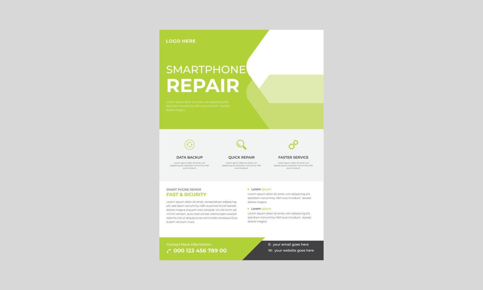 reklambladsmall för smartphonereparationsservice, reklamblad för smartphonereparationsservice, reklamblad för telefonreparationsservice. fixa din broschyr för telefontjänster. vektor