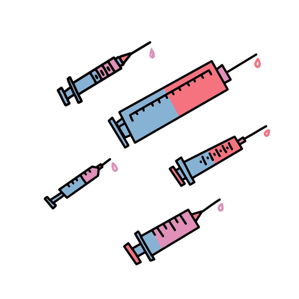 sprutikonuppsättning. vektor färg doodle illustration av en medicinsk spruta. handdragen spruta för injektioner.