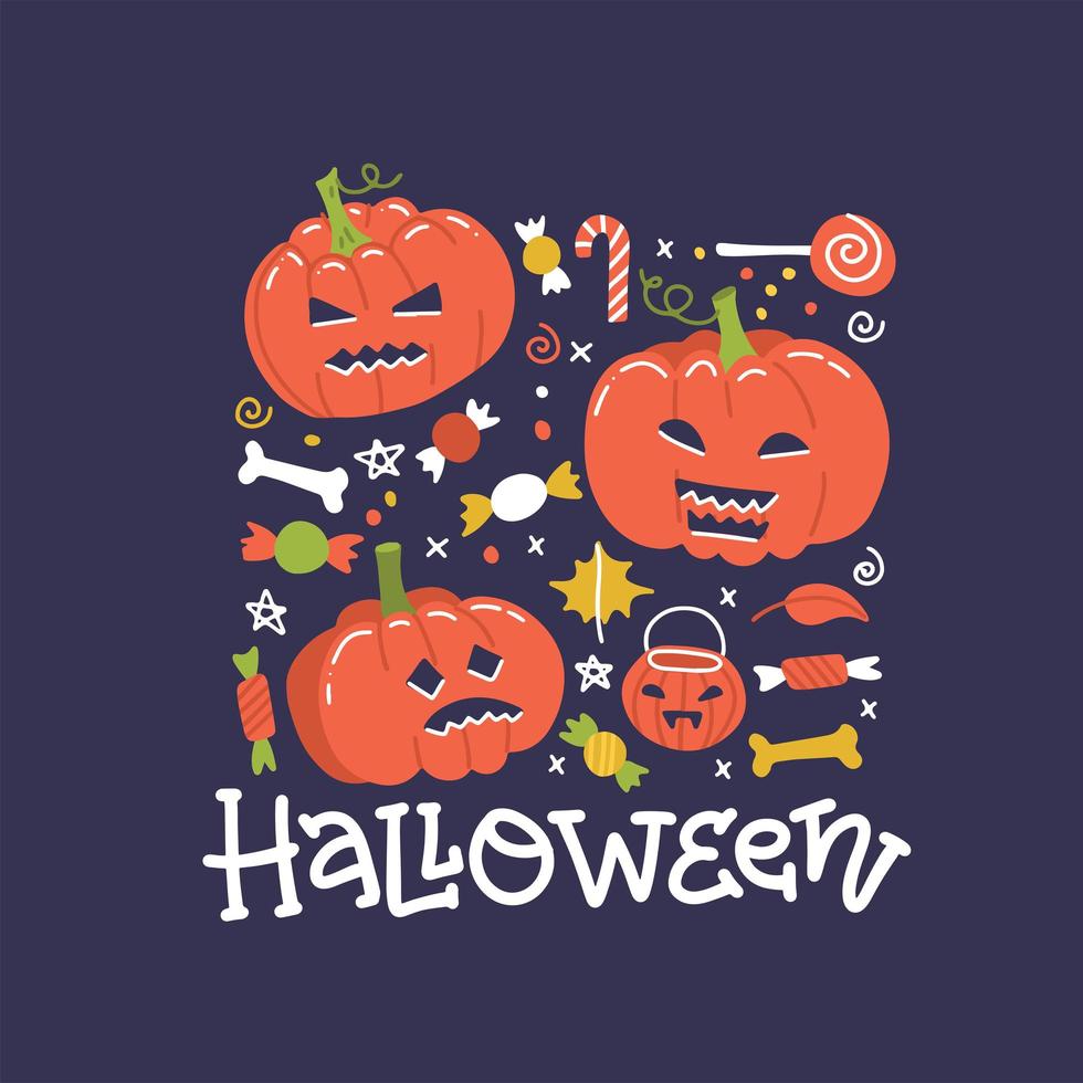 halloween-feiertags-quadratisches fahnendesign mit süßigkeiten und kürbissen. vektorflache illustration mit handgezeichneter beschriftung. vektor