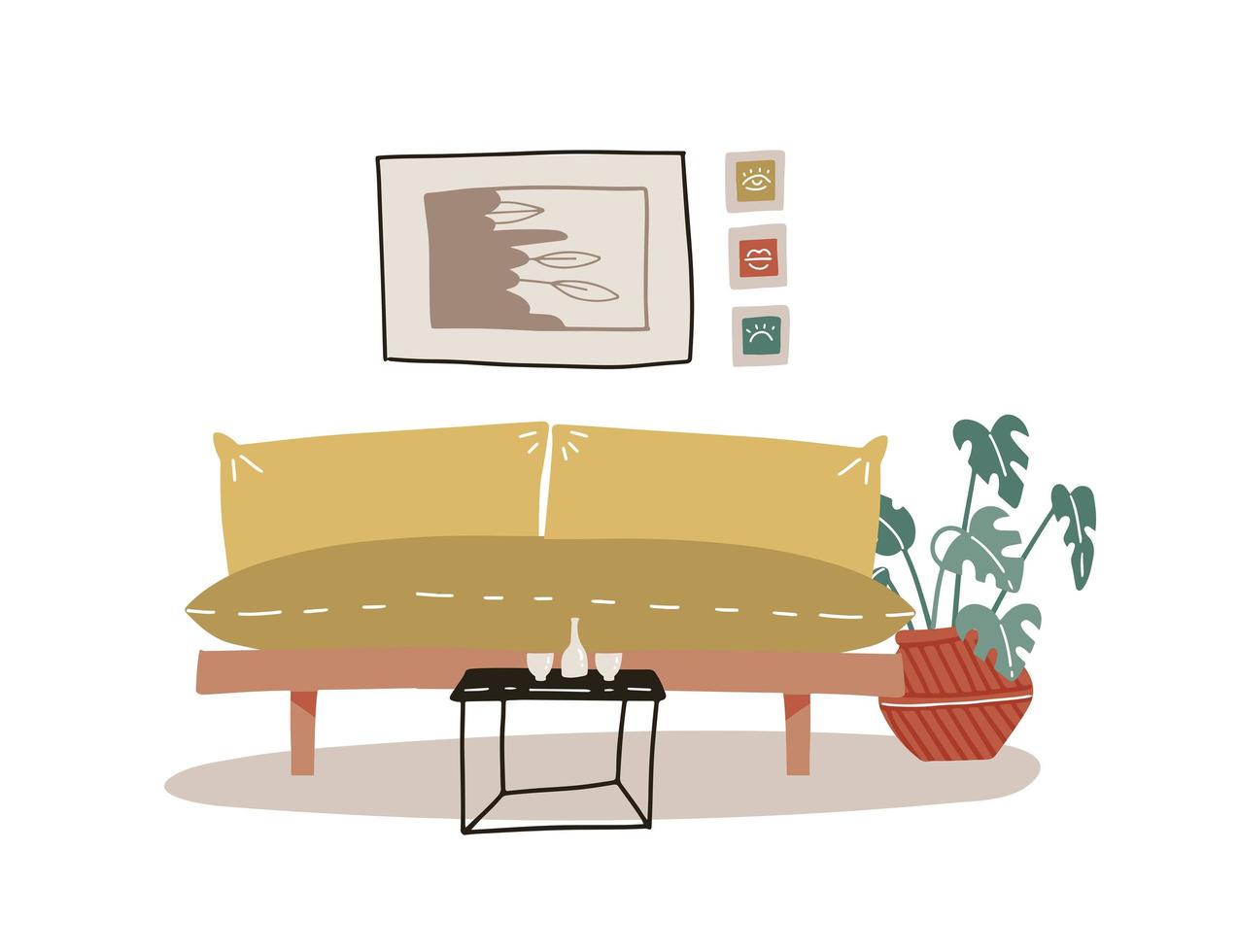 stilvolles boho-interieur mit bequemer gelber couch, hauspflanze und couchtisch. gemütliches wohnzimmer im skandinavischen einfachen stil. flache bunte isolierte vektorillustration. vektor