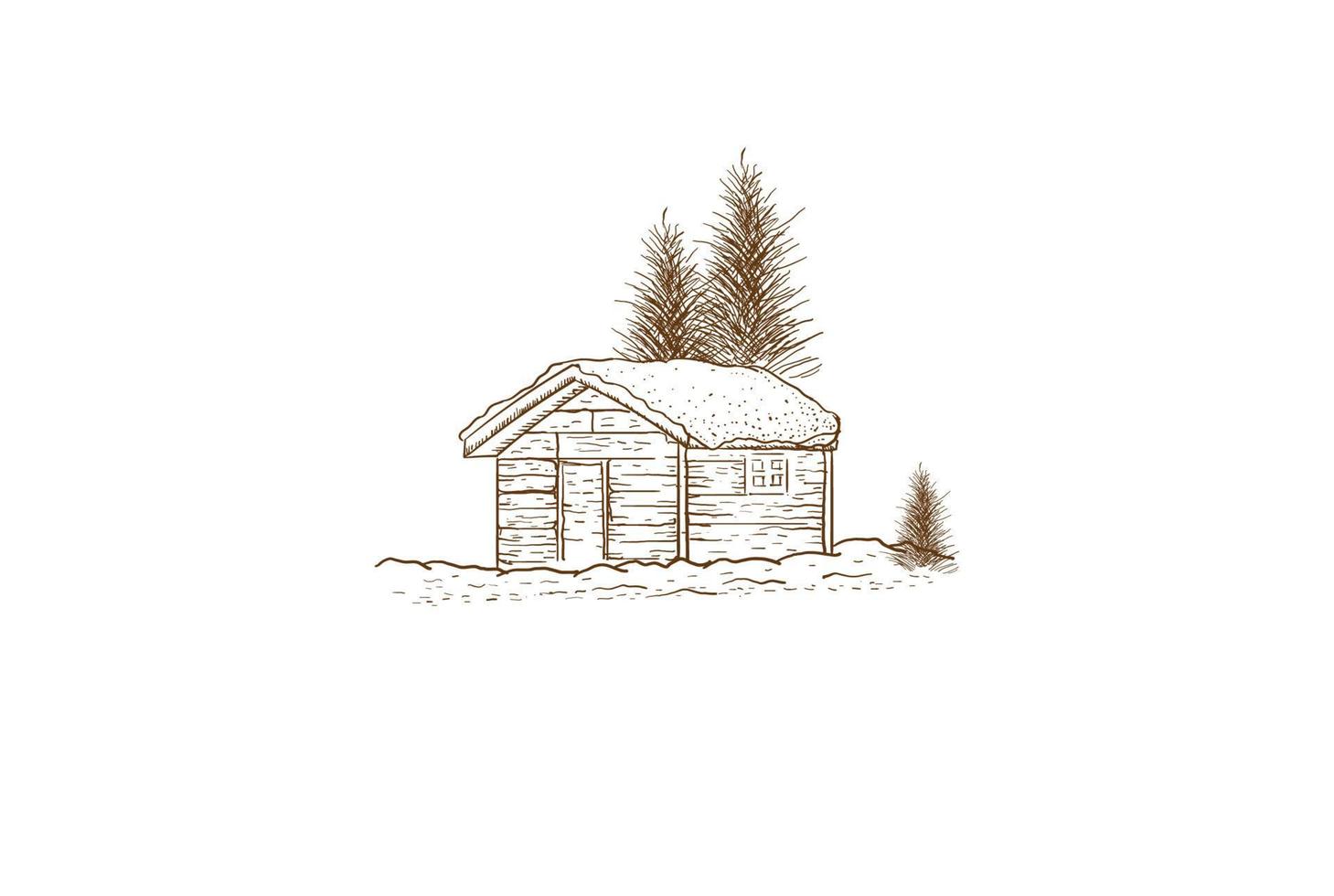Retro Vintage handgezeichnete Holzhütte Chalet Cottage mit Schnee-Logo-Design-Vektor vektor