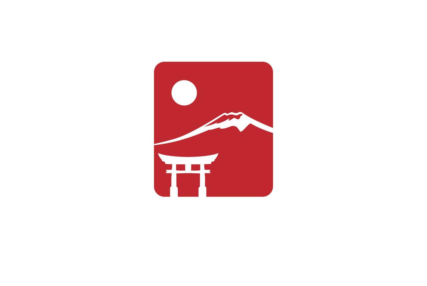 einfaches quadrat mit sonnentorii-tor und fujiyama-berg für reisetourismus-logo-designvektor vektor