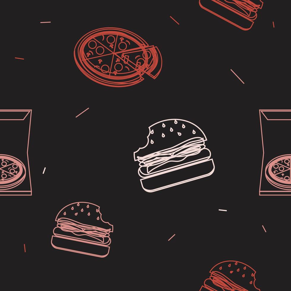 linje doodle snabbmat som hamburgare och pizza bakgrund för sömlösa tygmönster vektor