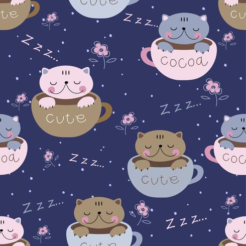 Sömlöst mönster. Söt kattungar sova sött i muggar. Pajama tryck för barn. Vektor. vektor