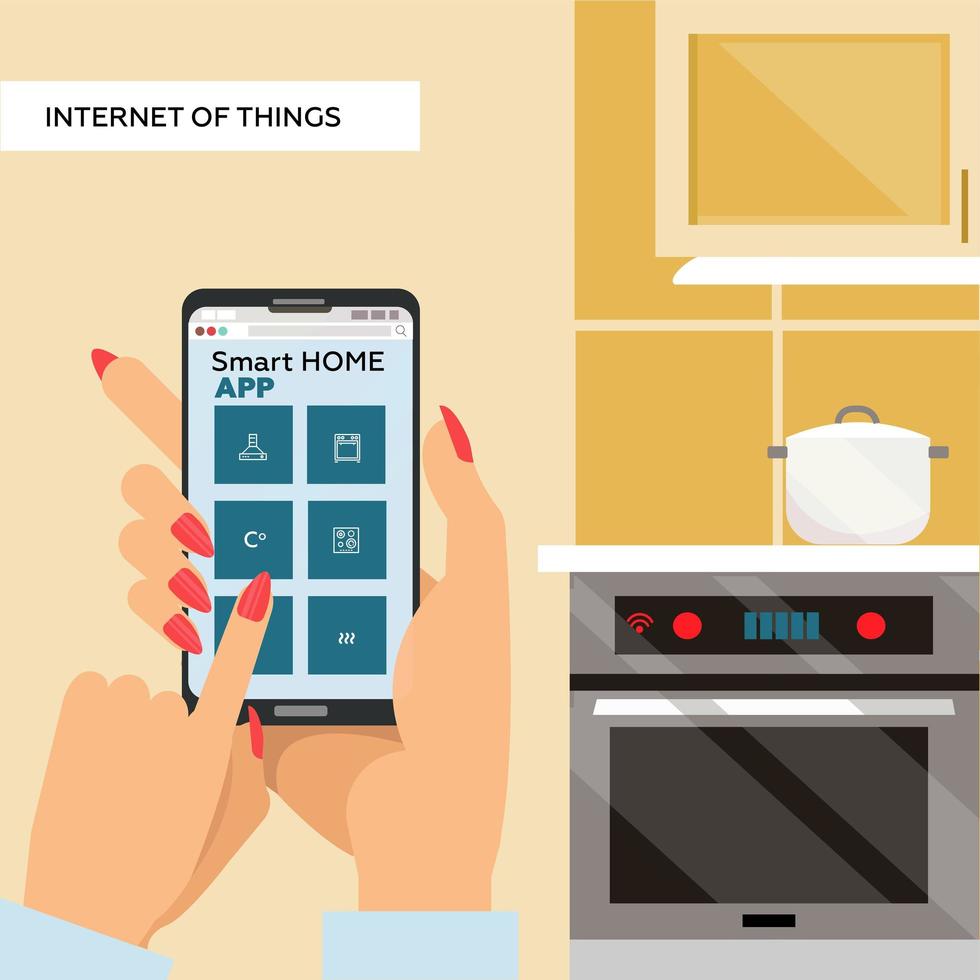 kvinna händer som håller smartphone med smart hem app på skärmen. Internet of things för kök. kokkärl på spisen. platt vektor illustration.