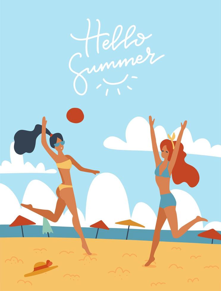 Junge Frauen, die zusammen Volleyball auf der Strandvektorillustration spielen. glückliche Mädchen im Bikini Outdoor-Aktivitäten. sommerferien entspannen ruhe. flache karikaturillustration mit schriftzug hallo sommer vektor