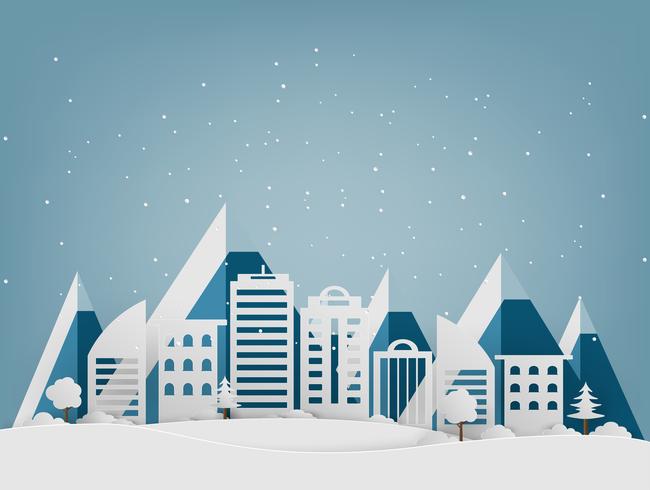 God Jul och Gott Nytt År. Vinterlov snö i parken vid stadsbilden bakgrund. papperskonst och hantverksstil. vektor