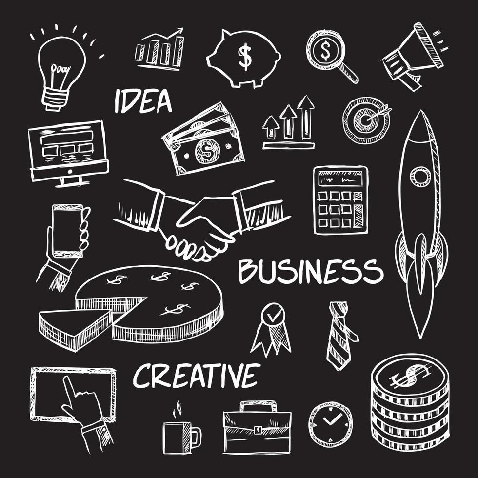 Business-Icon-Set Kritzeleien handgezeichnete Vektor-Illustration auf schwarzem Hintergrund vektor