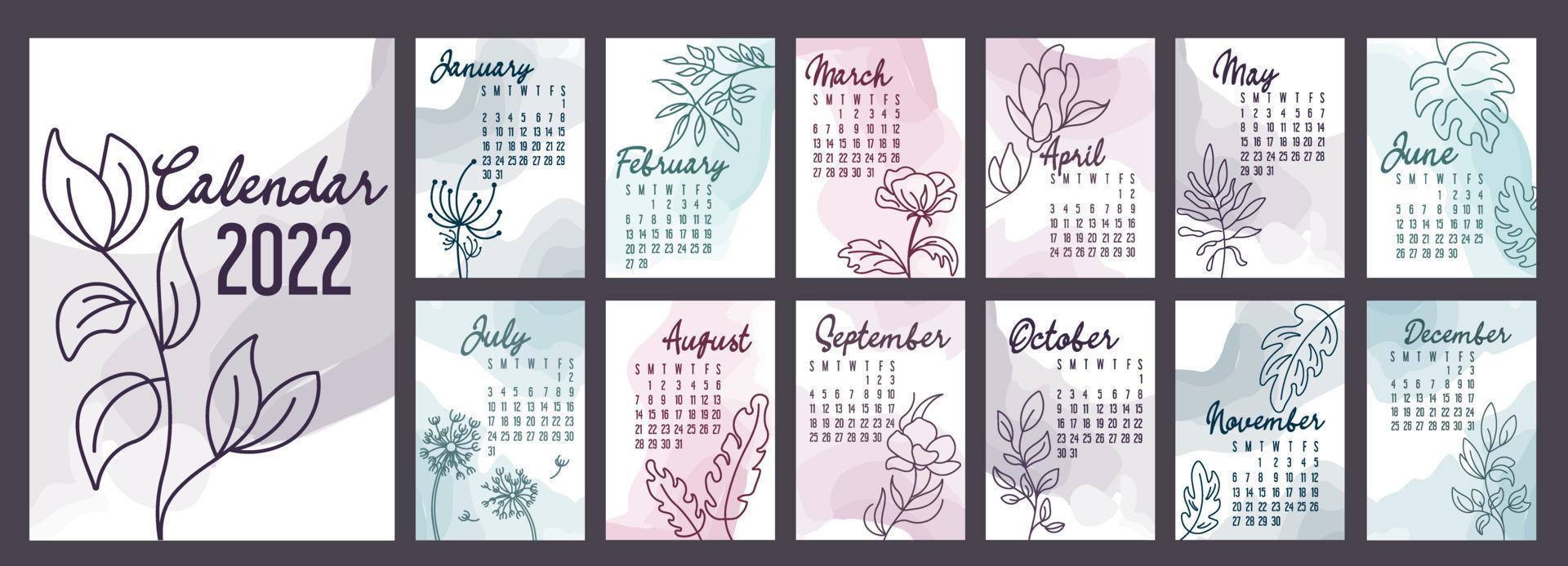 a4 kalender eller planerare 2022 akvarell abstrakt med handritade botaniska blommor. omslag och 12 månadssidor. veckan börjar på söndag, vektorillustration pastellfärger a3 a2 a6 vektor