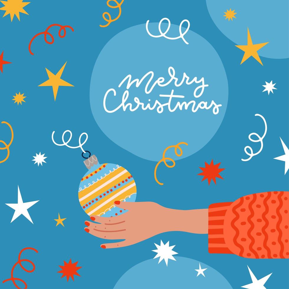 xmas gratulationskort dekorerad med konfetti, grannlåt i mänsklig hand. kvinnlig hand dekorera eller hålla julgran dekoration. platt tecknad vektorillustration vektor