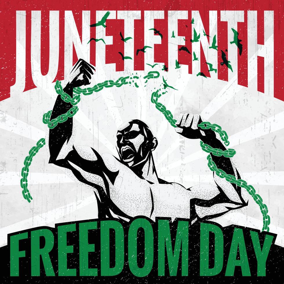 Juni das Konzept des Freiheitstages mit afroamerikanischem Mann, der Ketten bricht vektor