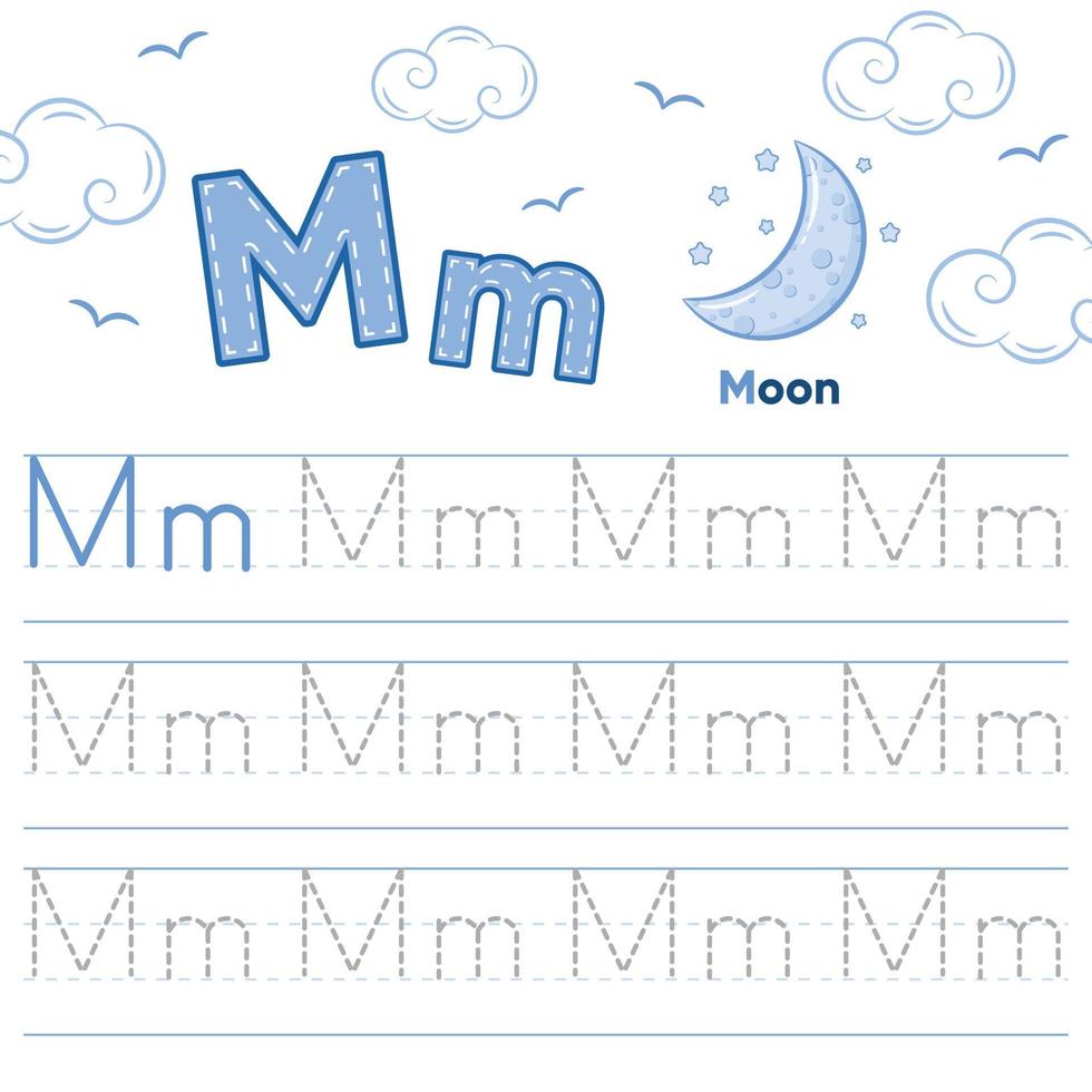 alfabetet kalkylblad bokstaven m lärande med söt månteckning vektor