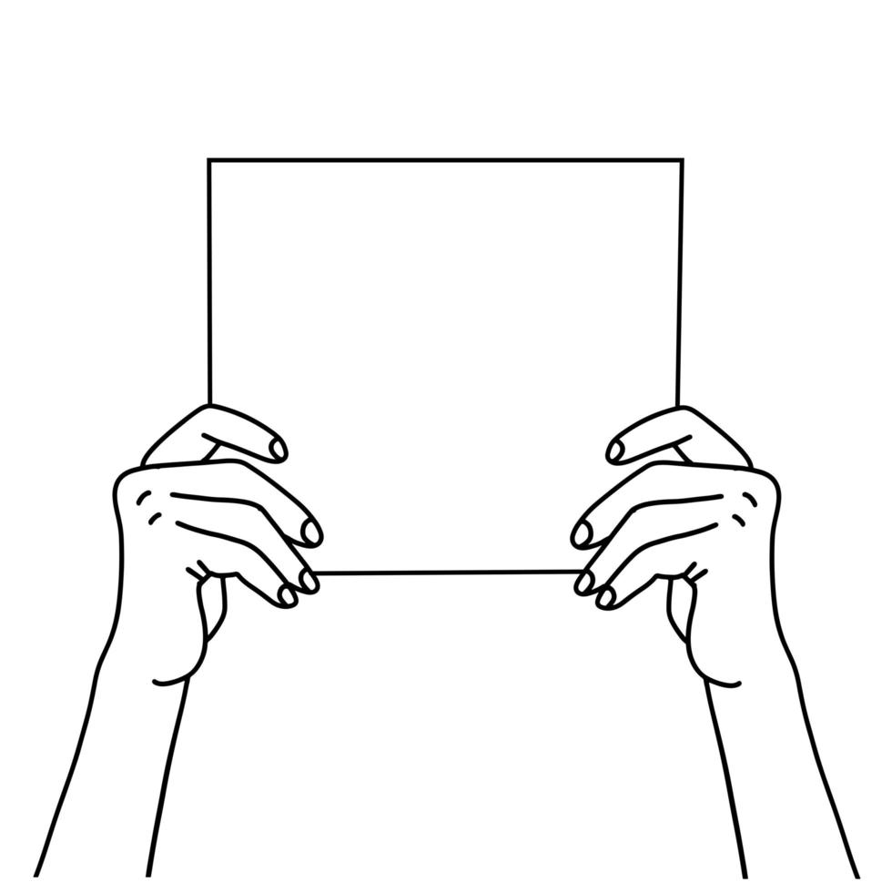 två händer som håller ett tomt pappersark. handritad linjär vektorillustration av en händer som visar tom affisch. vektor