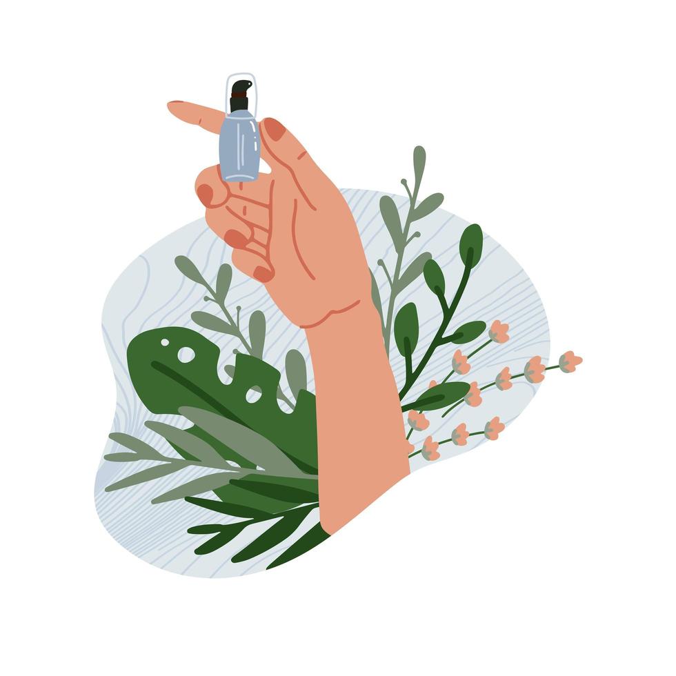 naturlig kosmetika från ekologiska växter i kvinnlig elegant hand. gröna blad och liten flaska. snygg vektor platt illustration.