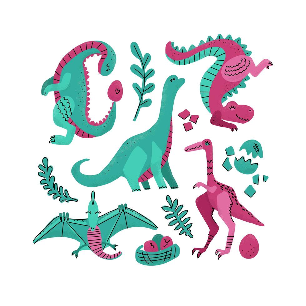 Satz von 5 handgezeichneten Vektorfiguren in süßer Dinosaurierfarbe. dino flache handgezeichnete clipart. Skizzieren Sie das Jura-Reptil. Pterodaktylus, Tyrannosaurus. isolierte karikaturillustration für kinderspiel, buch, t-shirt vektor