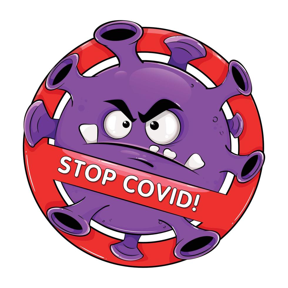 stoppa covid banner. rolig tecknad coronavirus vektor