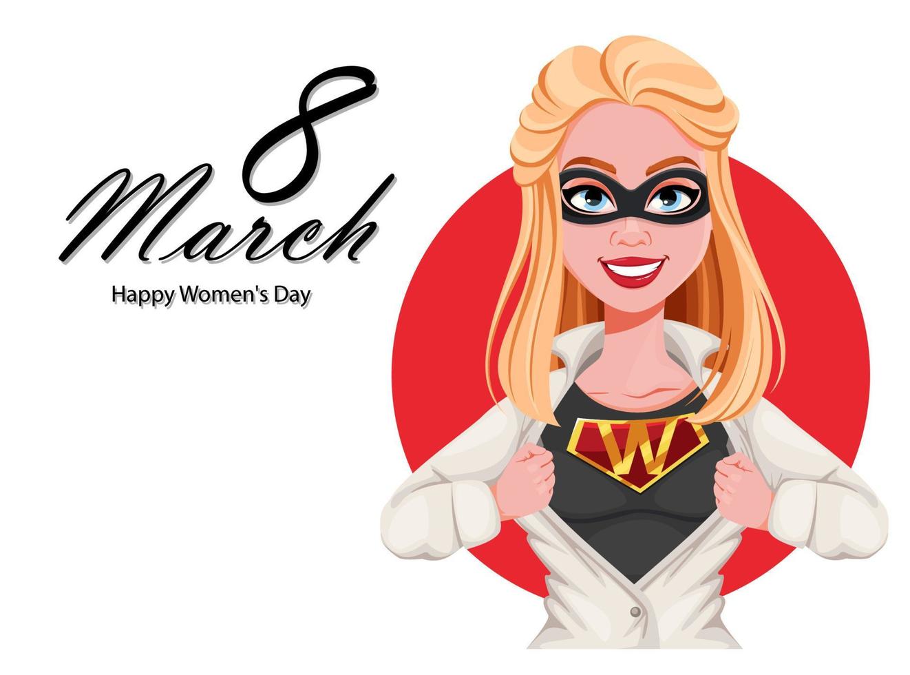 glad kvinnodagen gratulationskort. kvinna superhjälte vektor