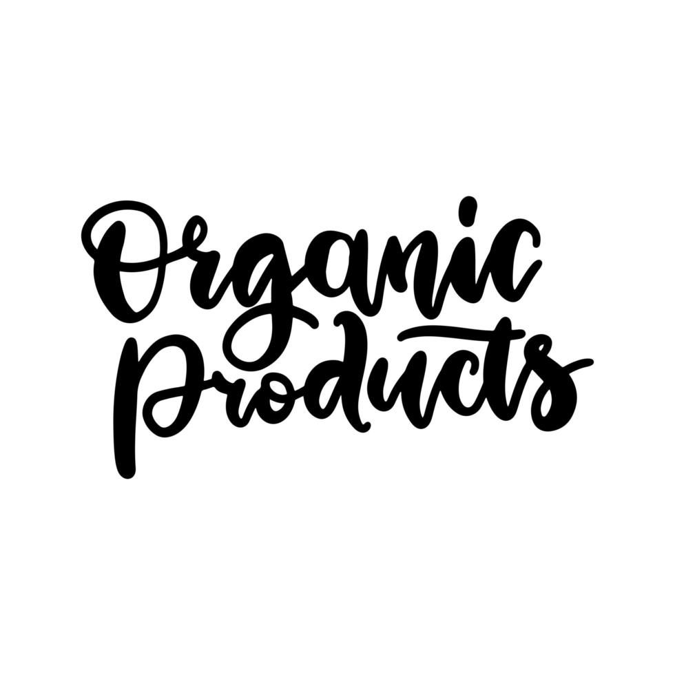 ekologiska produkter mat natur handskrivna borste bokstäver, svart logotyp, etikett märke för livsmedel, butiker, förpackningar och reklam.. vektorillustration. vit bakgrund vektor