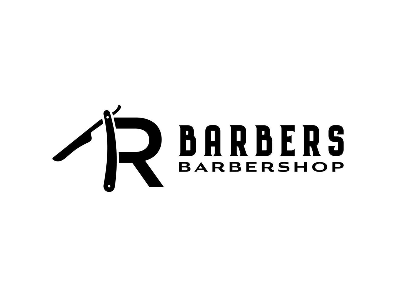 Buchstabe R Rasierer zu verkaufen. es sieht einfach und elegant aus, dass der buchstabe r mit einer rasierklinge kombiniert wird. letter r razor eignet sich für barbershop oder ähnliche geschäfte vektor