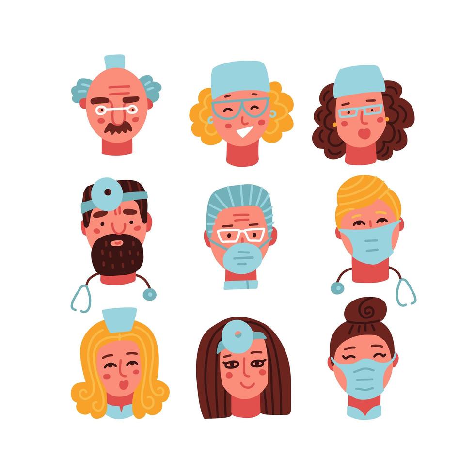 medicinsk klinik personal läkare, sjuksköterskor, kirurg huvuden set. vektor tecknade porträtt, konto profilbilder, manliga och kvinnliga ansikten. sjukhuspersonal. platt vektor illustration.