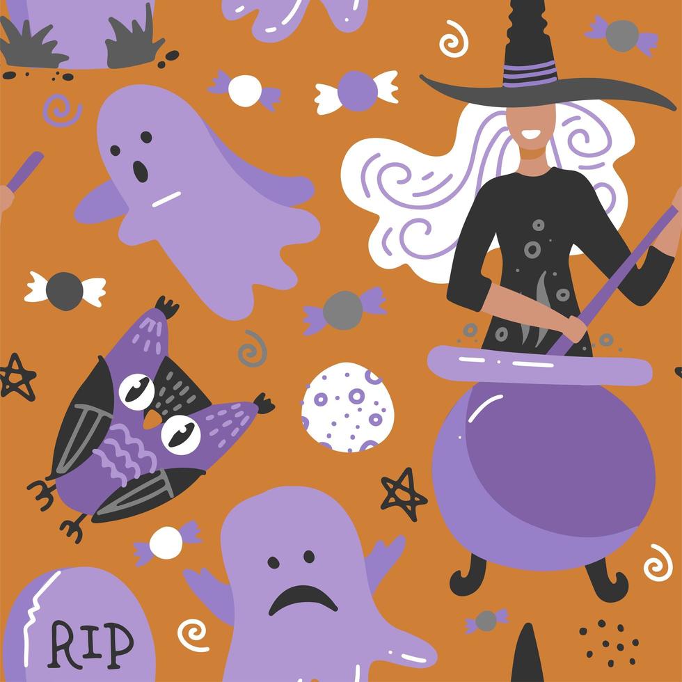 Nahtloser Hintergrund für Halloween mit Eule, Hexe und Geistern. flache vektorillustration. kindliches Muster. vektor