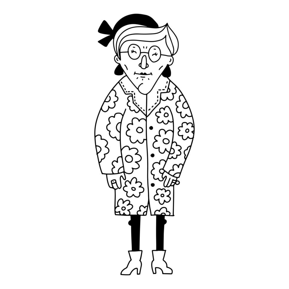 erwachsene senior selbstbewusste dame. helle Kleidung und Accessoires. alte und reife frau, die in trendiger kleidung steht - mantel mit blumendruck. moderner Mode-Look. hand gezeichnete vektorillustration. Doodle-Stil vektor