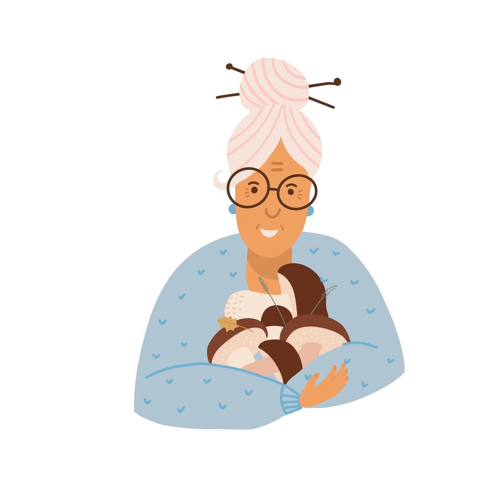 mormodern håller boletus och porcini-svampar i handen. gammal kvinna plockar svamp. vektor
