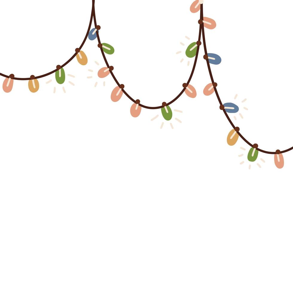 hängande dekorativa julbelysning. stränggirlander med färgglada lampor. hand drawnc platt vektorillustration isolerad på vit bakgrund. vektor
