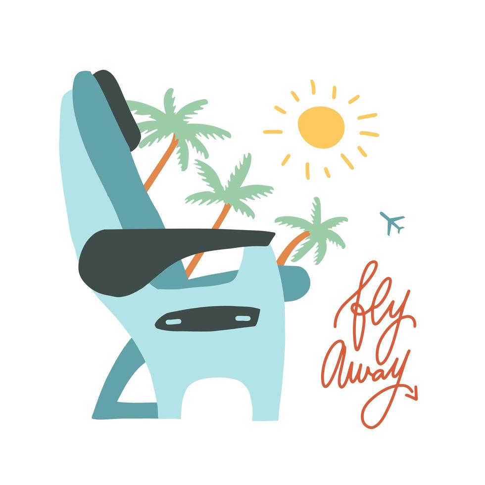 flygplan transport säten tecken illustration. traveting by air koncept med grenar av palmer, sol och bokstäver citat flyger iväg. vektor