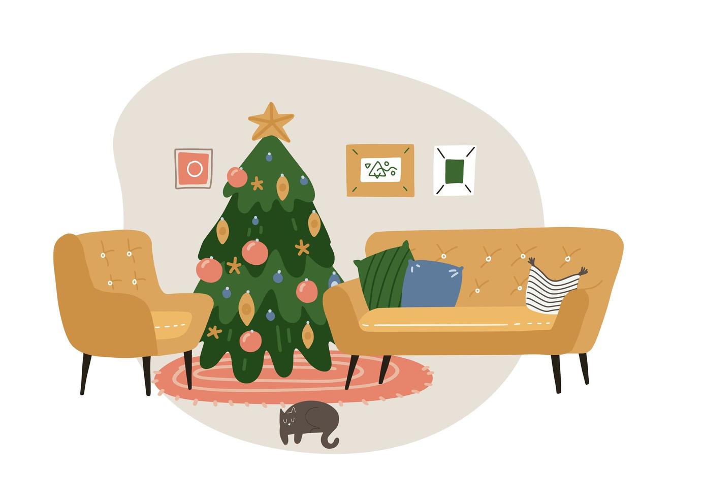 festliches interieur mit heimdekorationen - weihnachtsbaum, katze, sessel, sofa und teppich. gemütliche Winterferienzeit. nette flache vektorillustration lokalisiert auf weiß. vektor