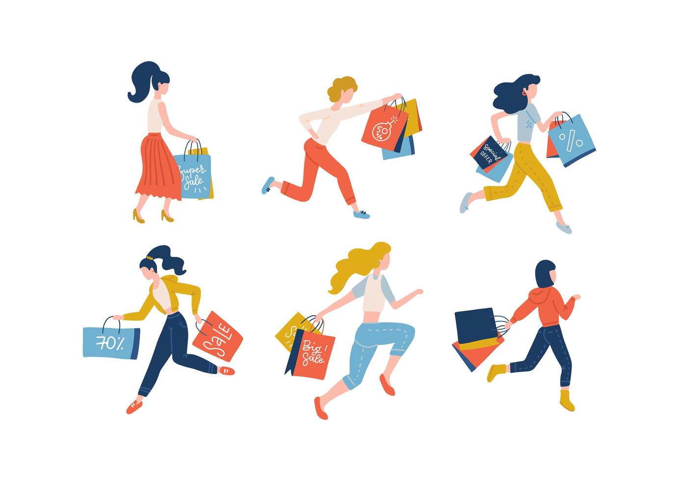 Sammlung von Frauen, die Einkaufstaschen tragen, die am saisonalen Verkauf teilnehmen. eine reihe von käuferinnen, die süchtig nach dem kauf in geschäften, geschäften, einkaufszentren oder ausstellungsräumen sind. bunte flache vektorillustration. vektor