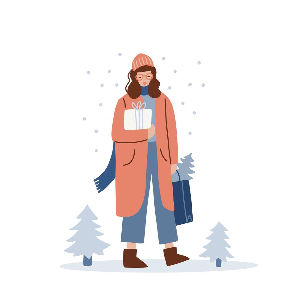 junge stilvolle frau in winterkleidung, die weihnachtsgeschenkbox hält und draußen spazieren geht. weibliche figur, die lässige outdoor-kleidung trägt, isoliert auf weiß. Vektor flache handgezeichnete Abbildung.