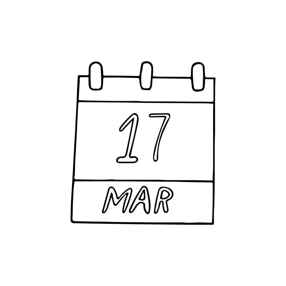 kalender hand dras i doodle stil. 17 mars. Världsdagen för socialt arbete, st. patric s, datum. ikon, klistermärke element vektor