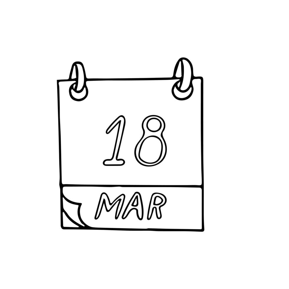 kalender hand dras i doodle stil. 18 mars dag, datum. ikon, klistermärke, element vektor