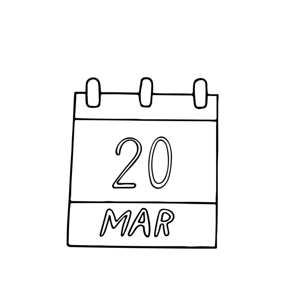 kalender hand dras i doodle stil. 20 mars. Jordens dag, vårdagjämning, internationell, lycka, datum. ikon, klistermärke element för design vektor