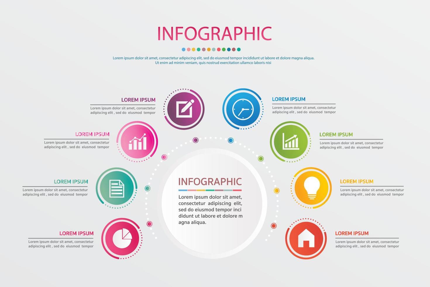 Timeline-Infografiken entwerfen Vektor- und Marketingsymbole. Geschäftskonzept mit 8 Optionen, Schritten oder Prozessen. vektor