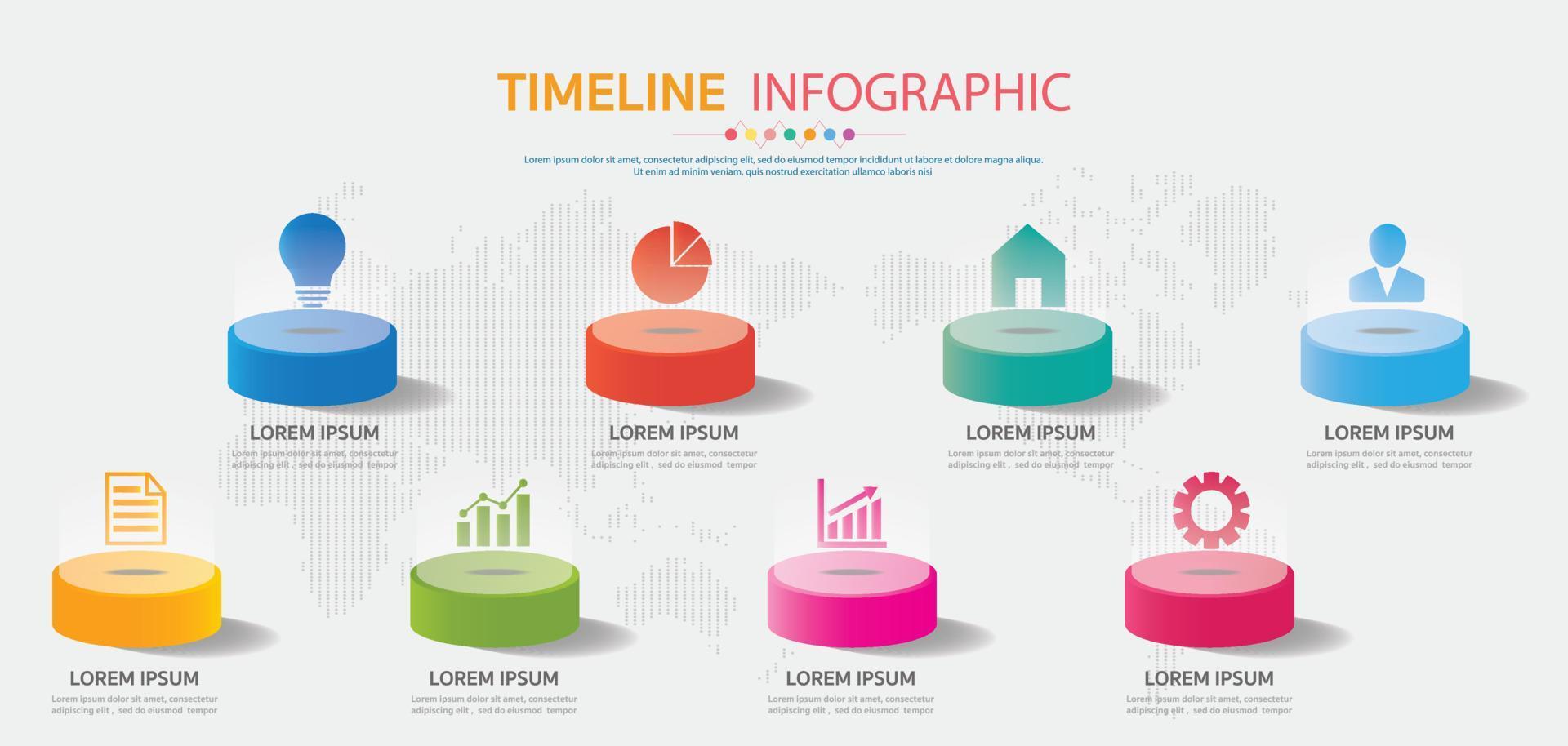 Timeline-Infografiken entwerfen Vektor- und Marketingsymbole. Geschäftskonzept mit 8 Optionen, Schritten oder Prozessen. vektor
