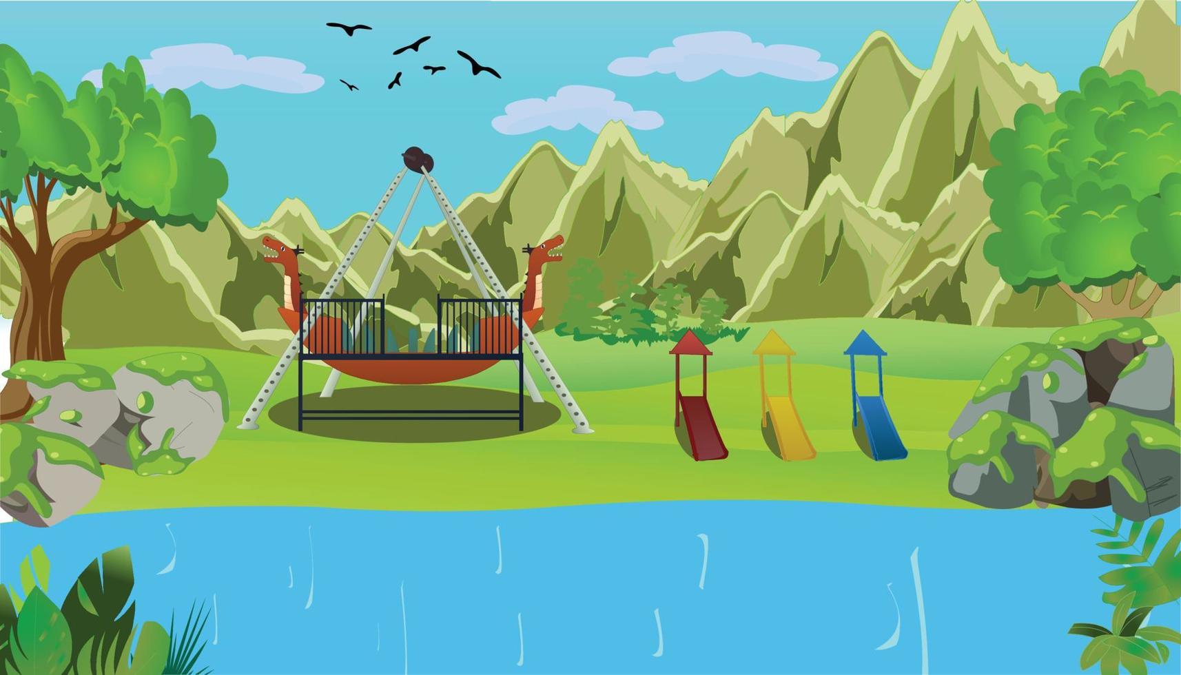 illustration av en sommar skog landskap barn lekplats i tecknad stil. vektor